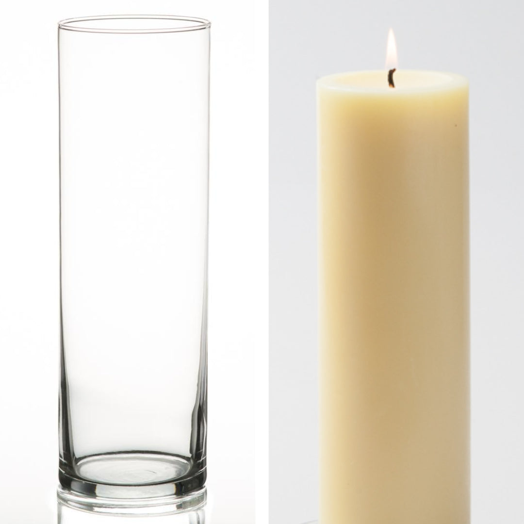 Richland Pillar Candle 9" & Eastland Cylinder Holder 10.5 inch Set of 12